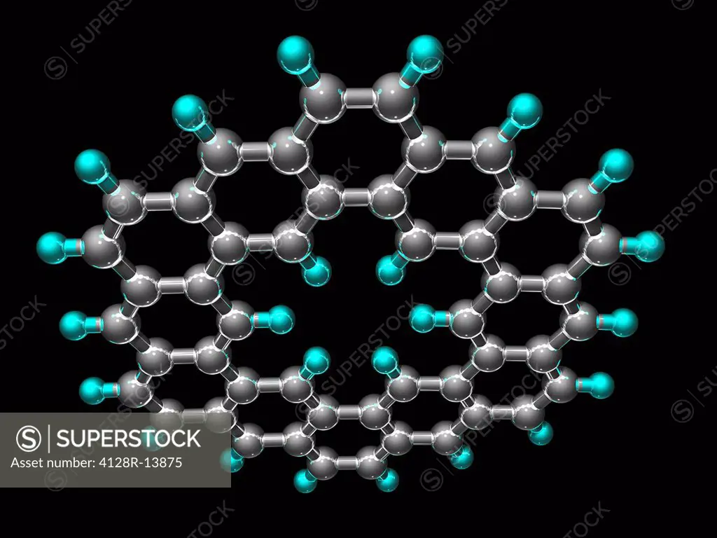 Kekulene hydrocarbon molecule, molecular model. Atoms are represented as spheres and are colour_coded: carbon grey, hydrogen blue.