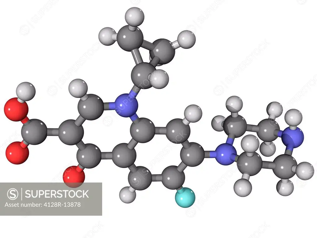 Ciprofloxacin antibiotic, molecular model. Atoms are represented as spheres and are colour_coded: carbon grey, hydrogen white, nitrogen dark blue, oxy...