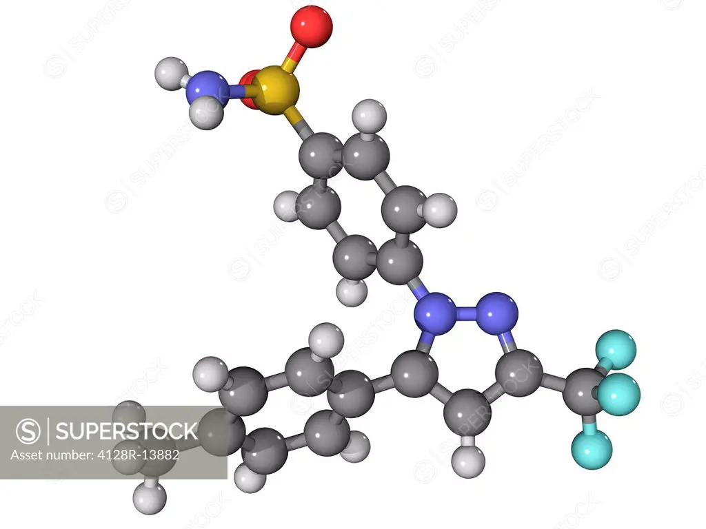 Celecoxib, molecular model. This non_steroidal anti_inflammatory NSAID drug, marketed as Celebrex, is used to treat arthritis. Atoms are represented a...