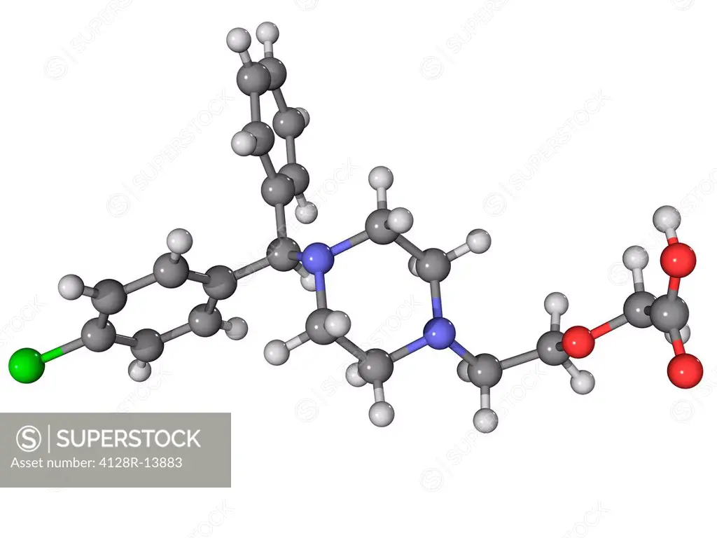 Cetirizine antihistamine, molecular model. Atoms are represented as spheres and are colour_coded, carbon grey, hydrogen white, nitrogen blue, oxygen r...