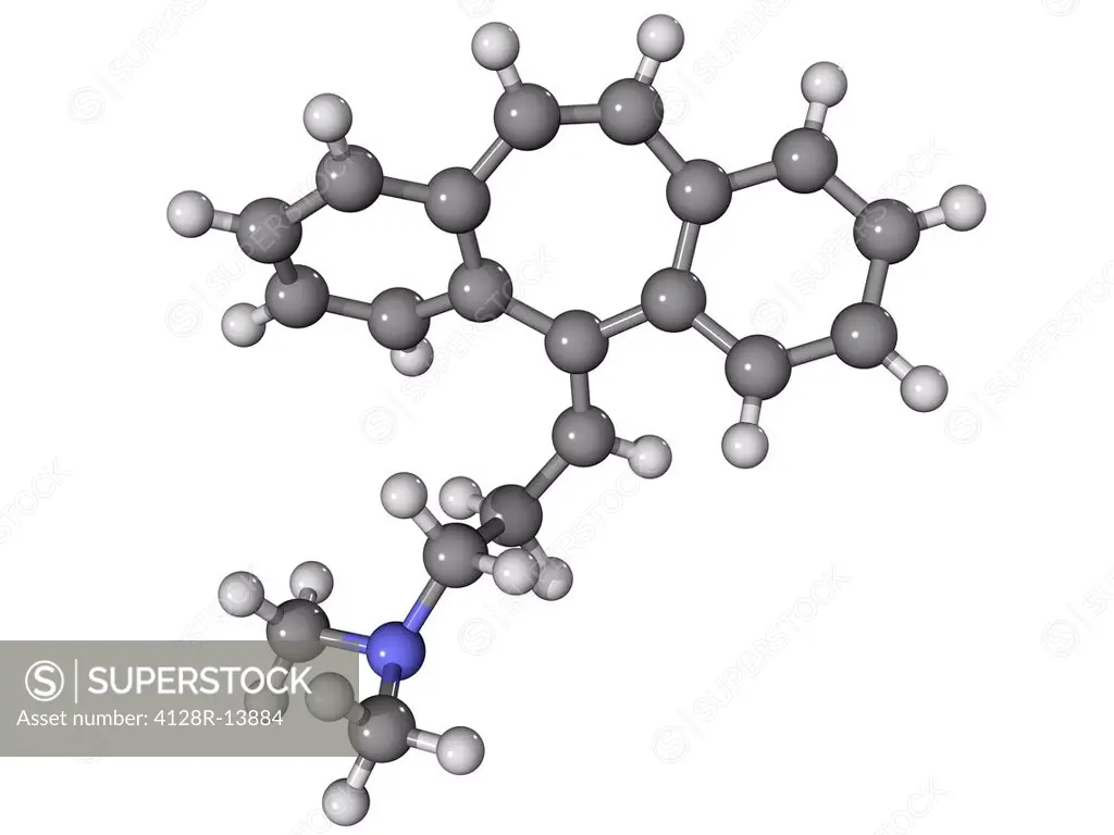 Cyclobenzaprine muscle relaxant, molecular model. Atoms are represented as spheres and are colour_coded: carbon grey, hydrogen white and nitrogen blue...