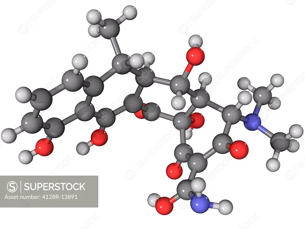 Doxycycline antibiotic, molecular model. Atoms are represented as spheres and are colour_coded: carbon grey, hydrogen white, nitrogen dark blue and ox...