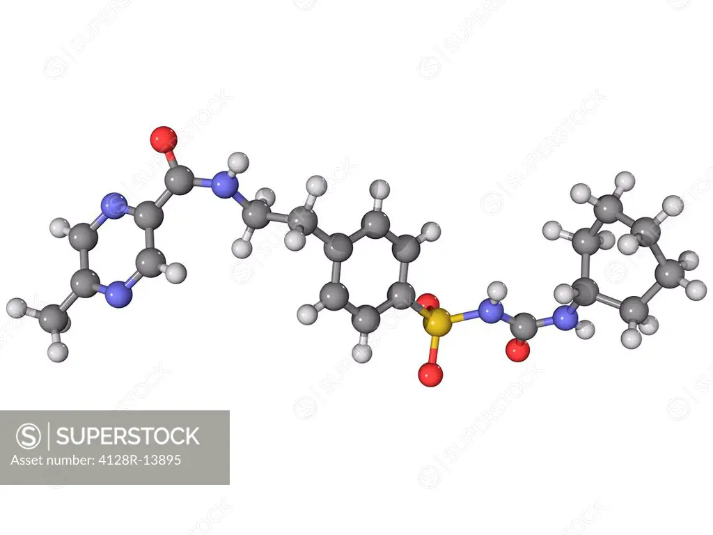 Glipizide, molecular model. This drug is used to treat type 2 diabetes. Atoms are represented as spheres and are colour_coded: carbon grey, hydrogen w...