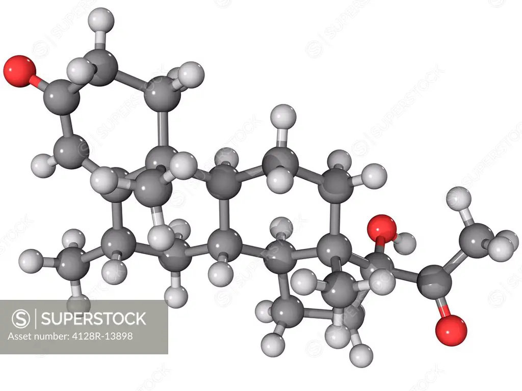Medroxyprogesterone, molecular model. This synthetic progesterone female sex hormone is used to treat irregular periods and endometriosis. Atoms are r...