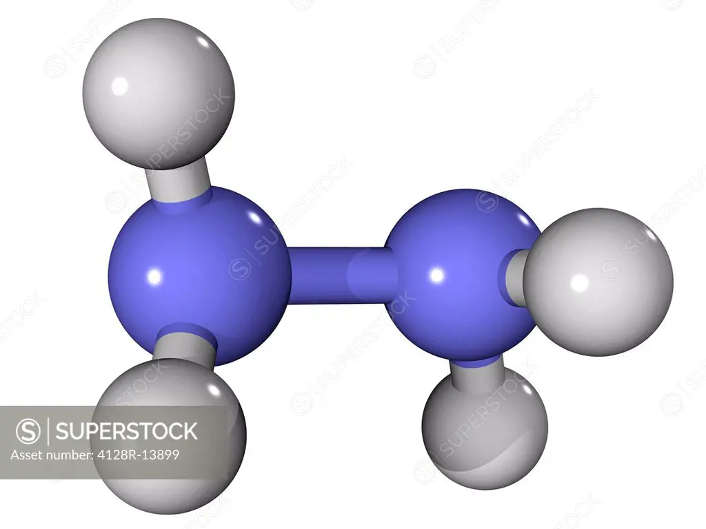 Hydrazine rocket fuel, molecular model. Atoms are represented as spheres and are colour_coded: nitrogen blue and hydrogen white.