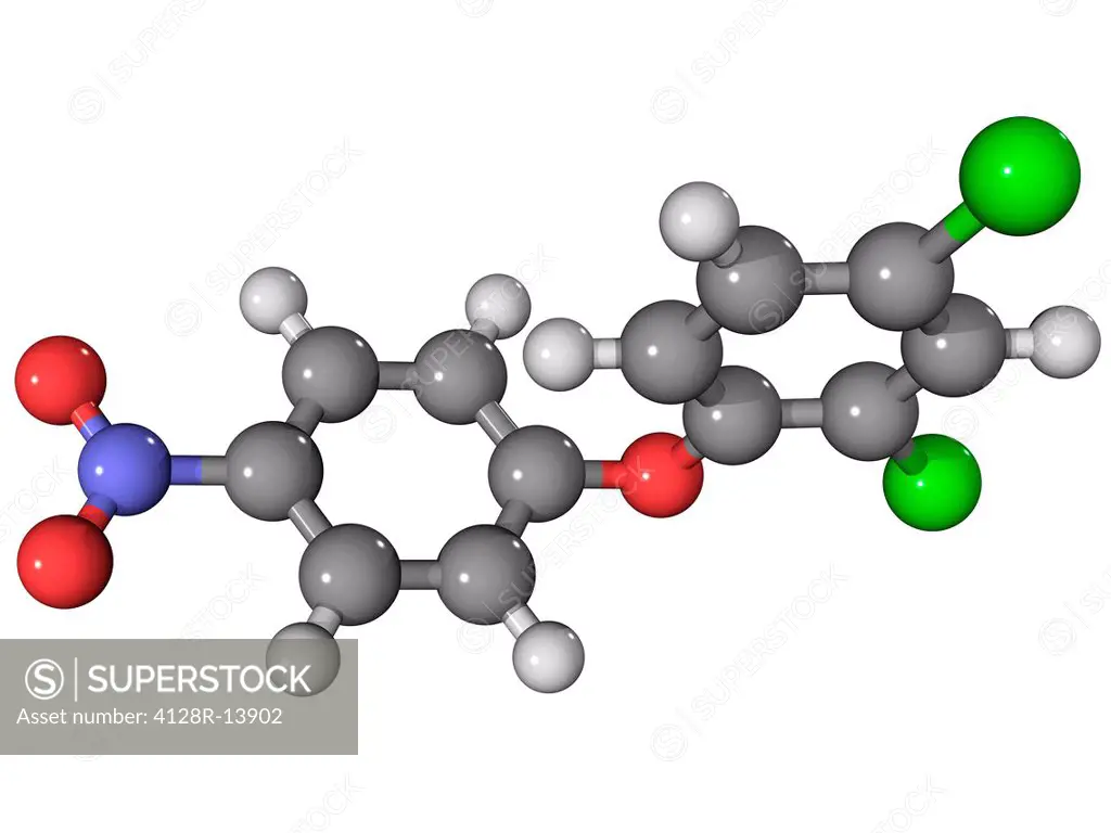 Nitrofen herbicide, molecular model. Atoms are represented as spheres and are colour_coded: carbon grey, hydrogen white, nitrogen blue, oxygen red and...