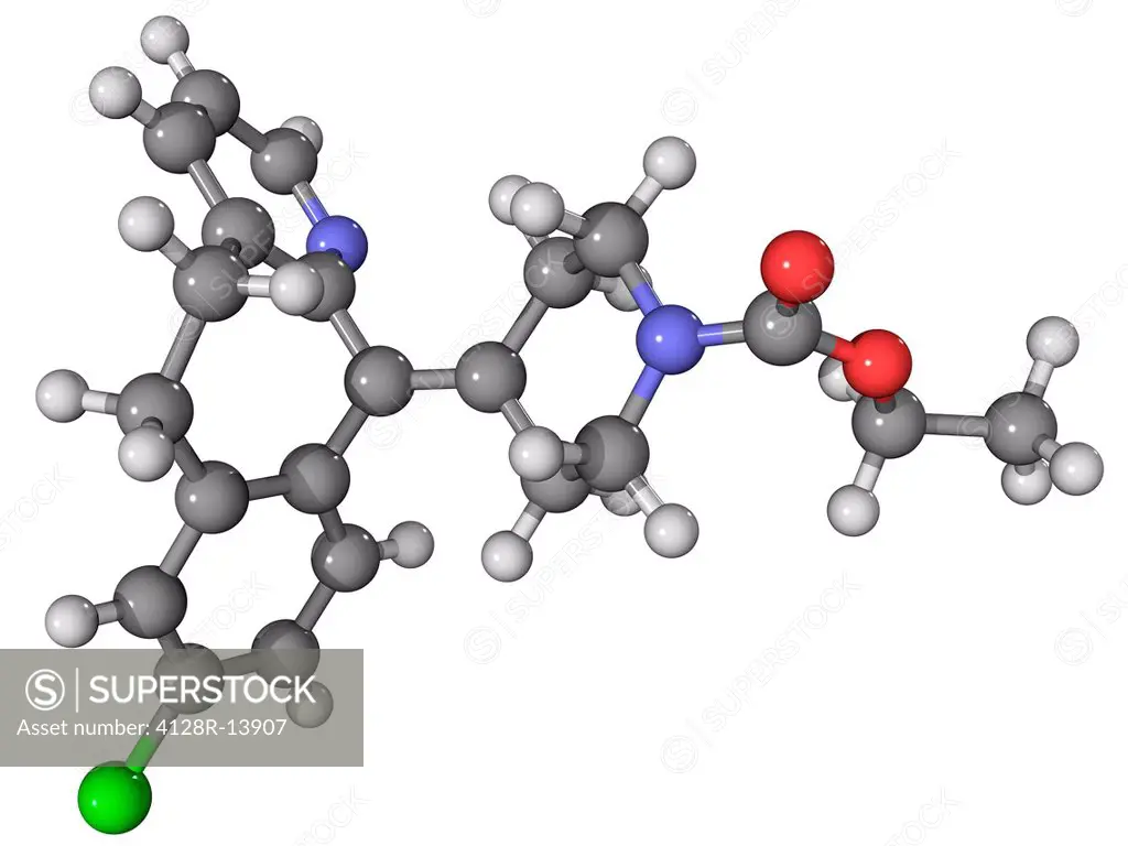 Loratadine, molecular model. This antihistamine drug is marketed as Claritin. Atoms are represented as spheres and are colour_coded: carbon grey, hydr...