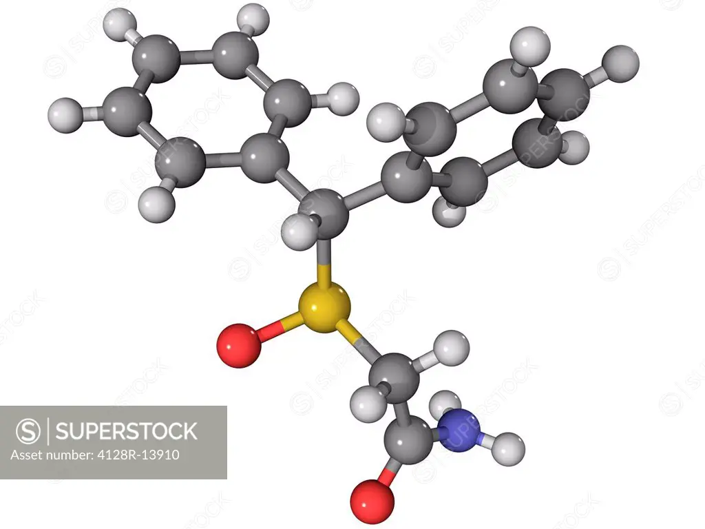 Modafinil, molecular model. This stimulant drug is used to treat narcolepsy. Atoms are represented as spheres and are colour_coded: carbon grey, hydro...