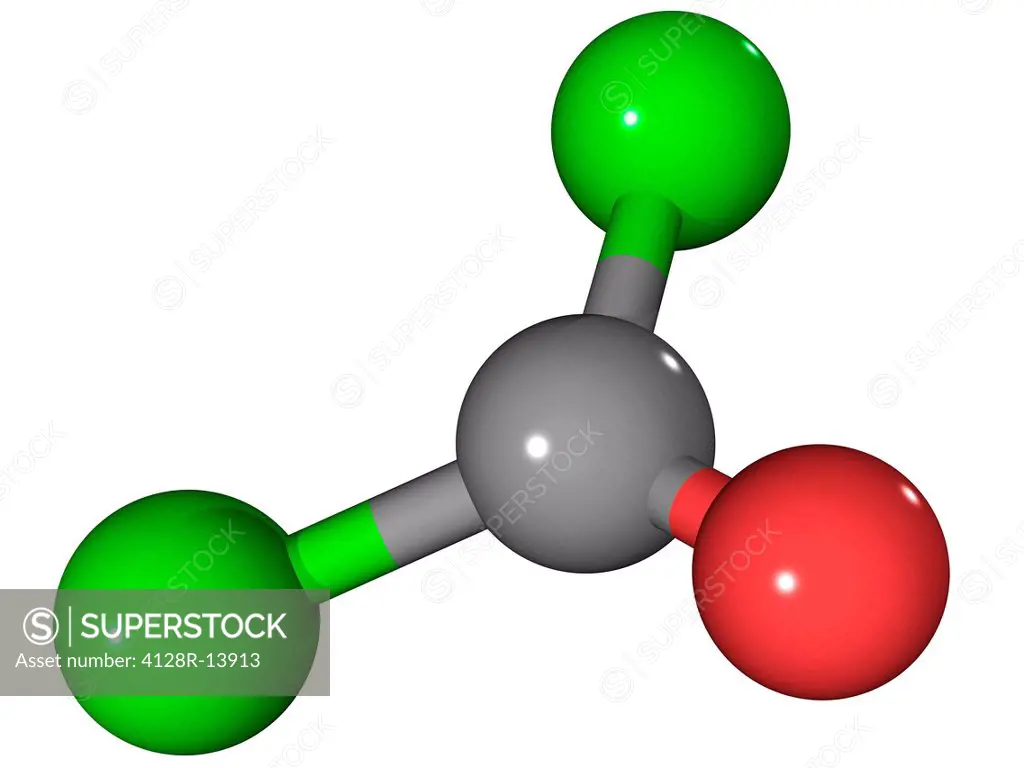 Phosgene chemical weapon, molecular model. Atoms are represented as spheres and are colour_coded: carbon grey, chlorine green and oxygen red.
