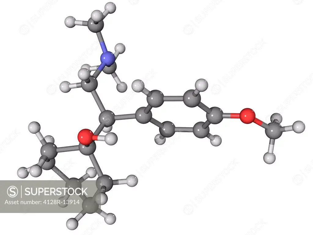 Effexor. Molecular model of the selective serotonin reuptake inhibitor SSRI antidepressant drug venlafaxine. This drug is marketed as Effexor. Atoms a...