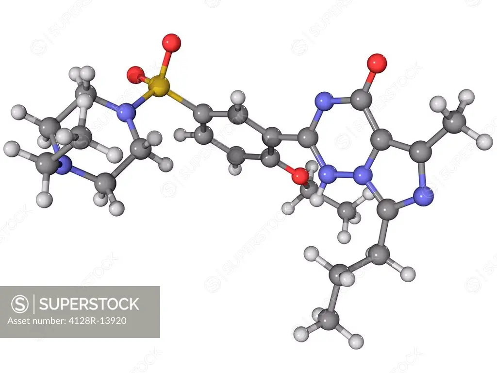 Vardenafil, molecular model. This erectile dysfunction drug is marketed as Levitra. Atoms are represented as spheres and are colour_coded: carbon grey...