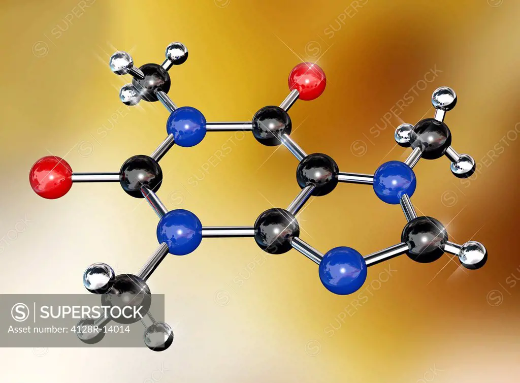 Caffeine, molecular model. Atoms are represented as spheres and are colour_coded: carbon black, hydrogen silver, nitrogen blue and oxygen red.