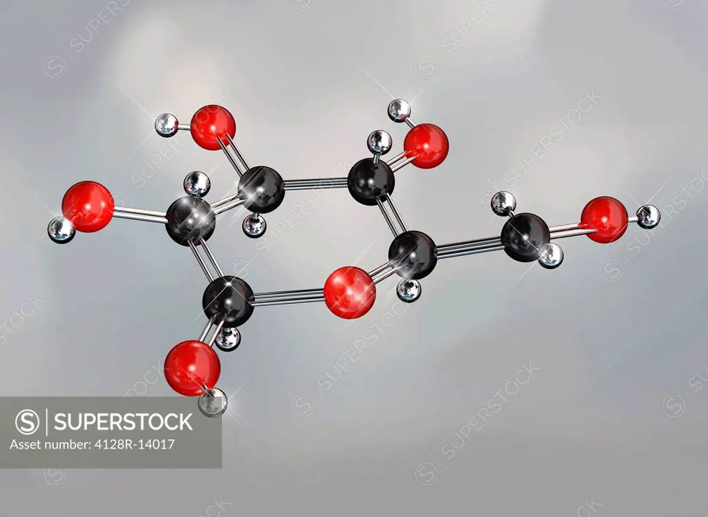 Glucose sugar, molecular model. Atoms are represented as spheres and are colour_coded: carbon black, hydrogen silver and oxygen red.