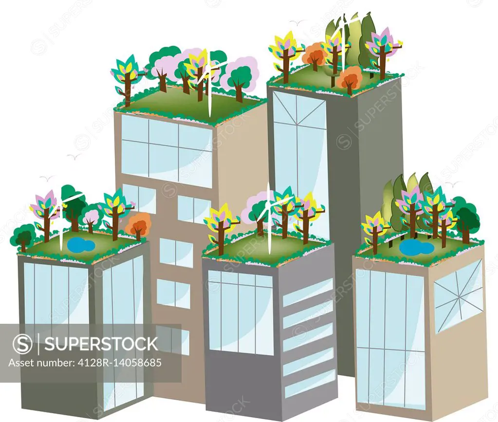 Buildings with green roofs, illustration