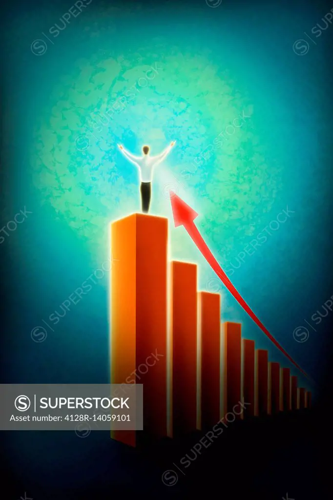 Illustration of businessman standing on bar graph