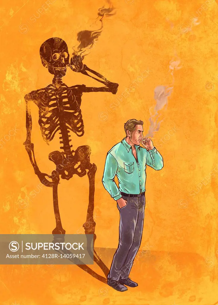 Illustration of man smoking cigarette with skeleton shadow