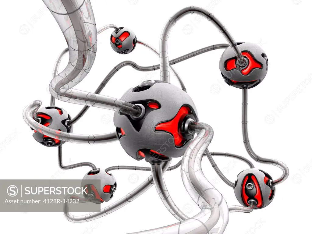 Computer artwork of a futuristic network made of metal balls with red lights, connected by grey cables.