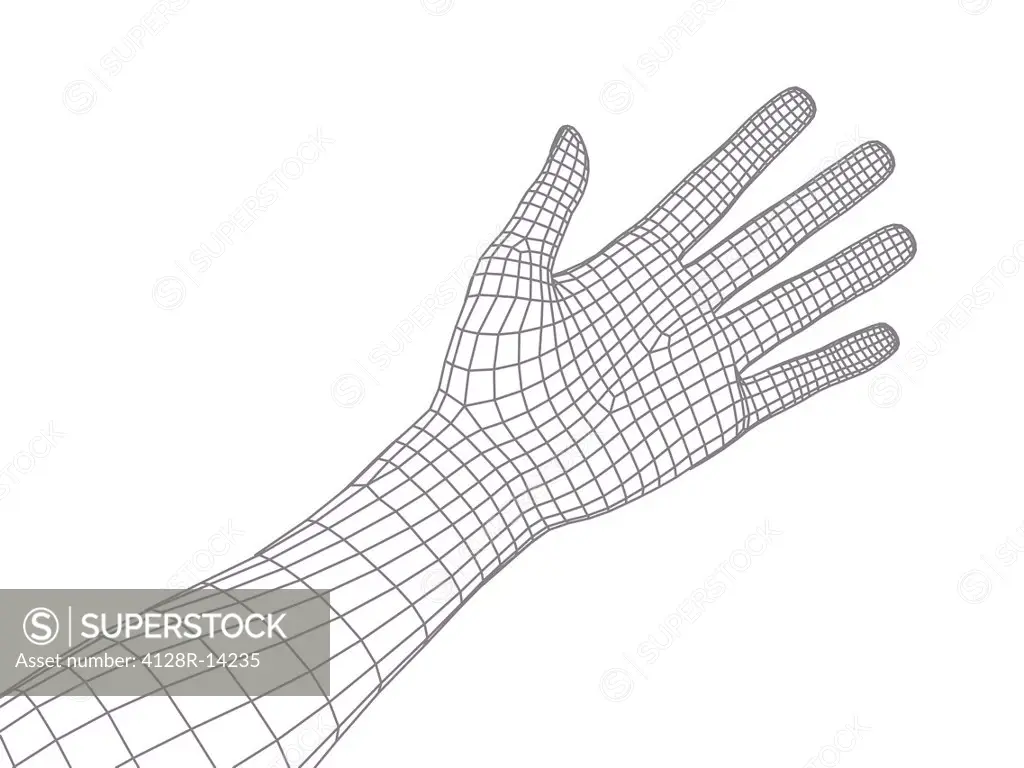 Computer artwork of a human hand and arm depicted in wireframe style.