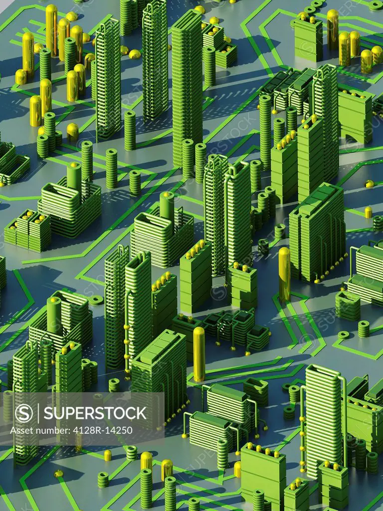 Computer artwork of a conceptual circuit cityscape made of electronic components.
