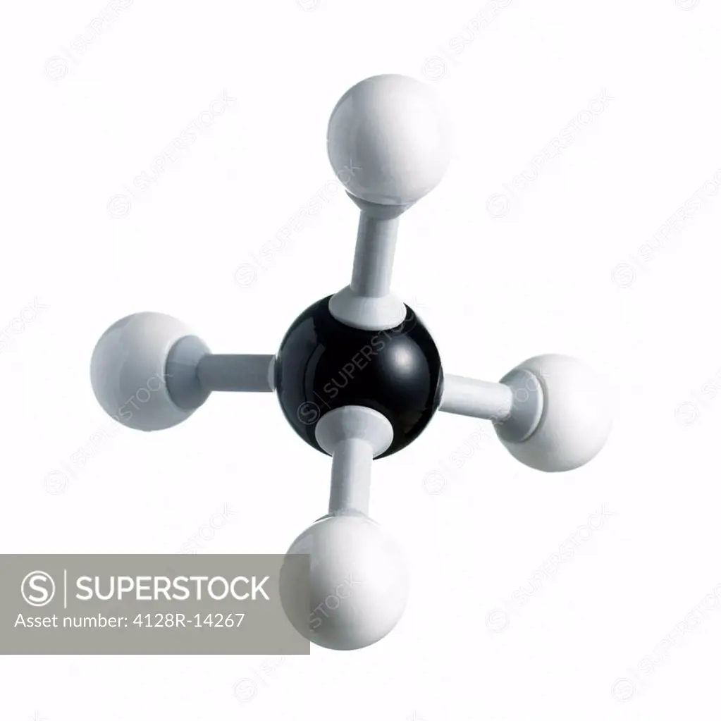Methane molecule. Atoms are represented as spheres and are colour_coded: carbon black and hydrogen white.