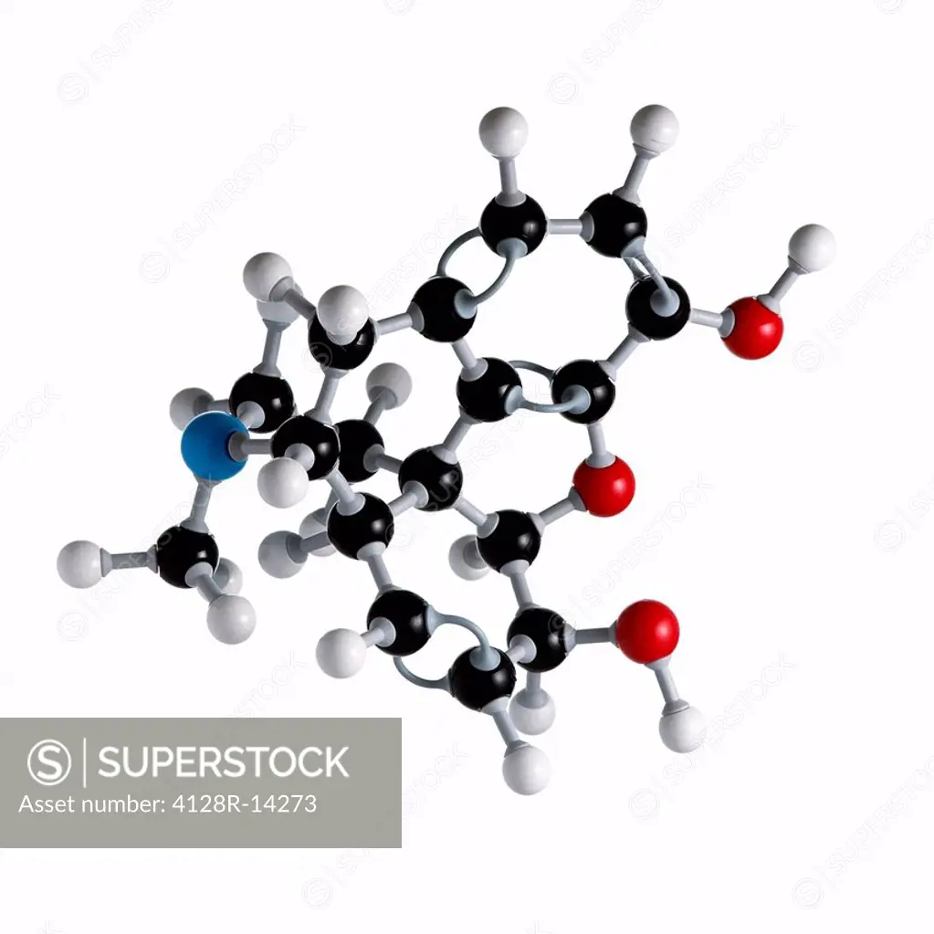 Morphine drug molecule. Atoms are represented as spheres and are colour_coded: carbon black, hydrogen white, nitrogen blue and oxygen red.