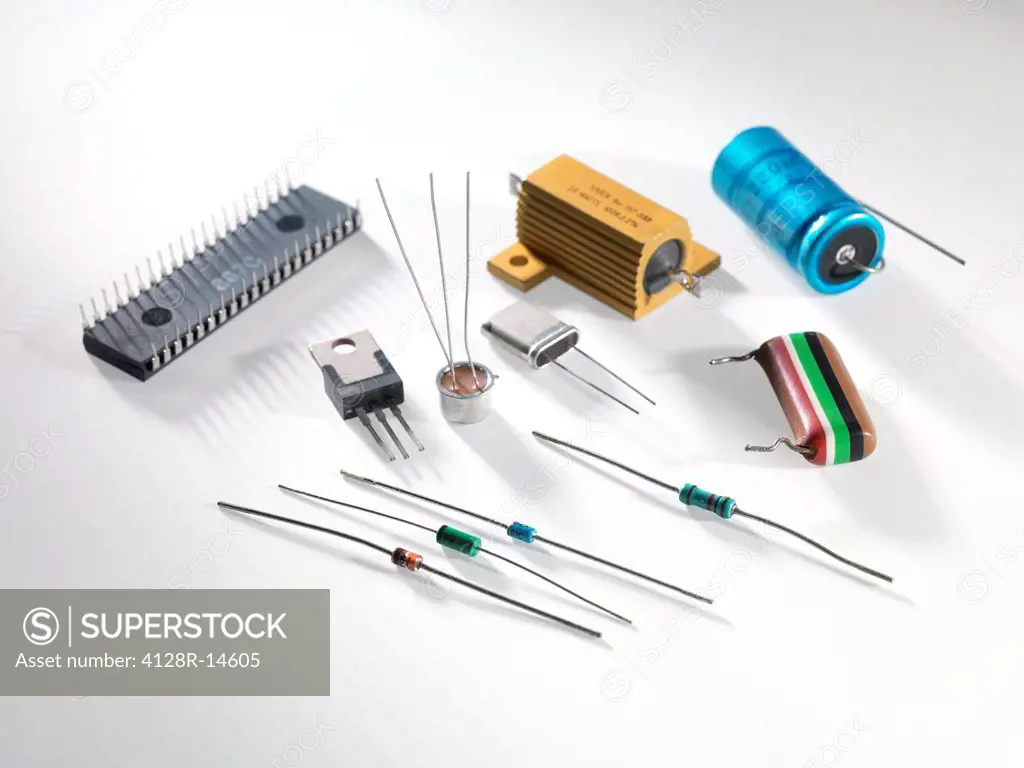 Electronic components including resistors, transistors, capacitors and integrated circuits.