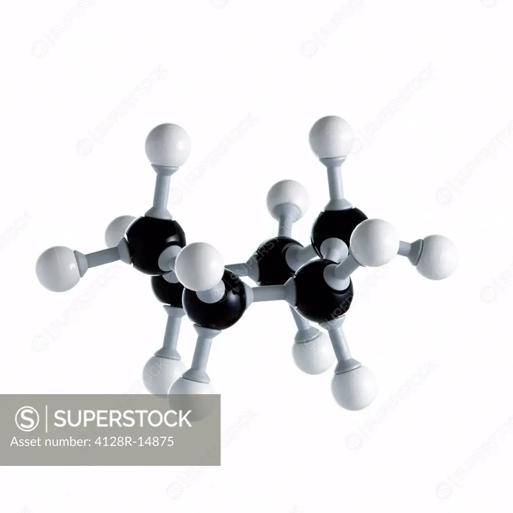 Cyclohexane molecule in its boat conformational form. Atom are represented as spheres and are colour_coded: carbon black and hydrogen white.