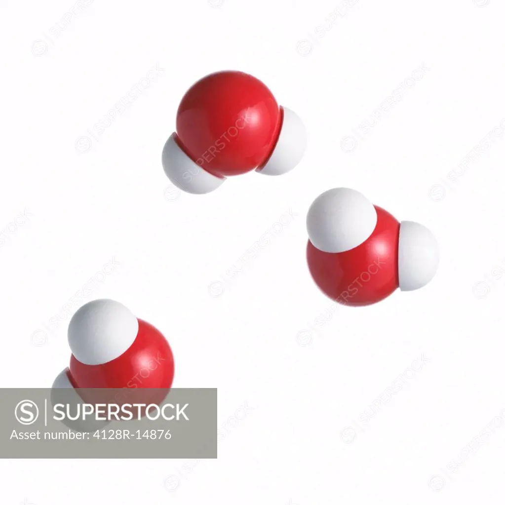 Water molecules. Atoms are represented as spheres and are colour_coded: oxygen red and hydrogen white.