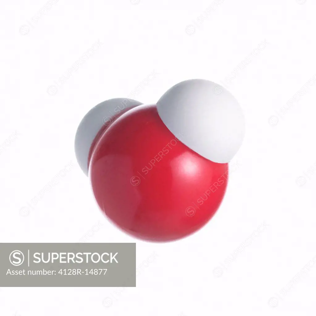 Water molecule. Atoms are represented as spheres and are colour_coded: oxygen red and hydrogen white.