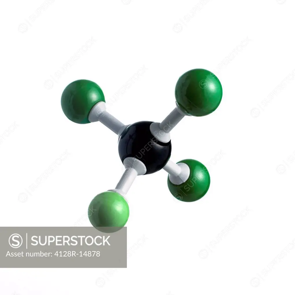 CFC molecule. Model of a molecule of trichlorofluoromethane. Atoms are represented as spheres and are colour_coded: carbon black, chlorine dark green ...