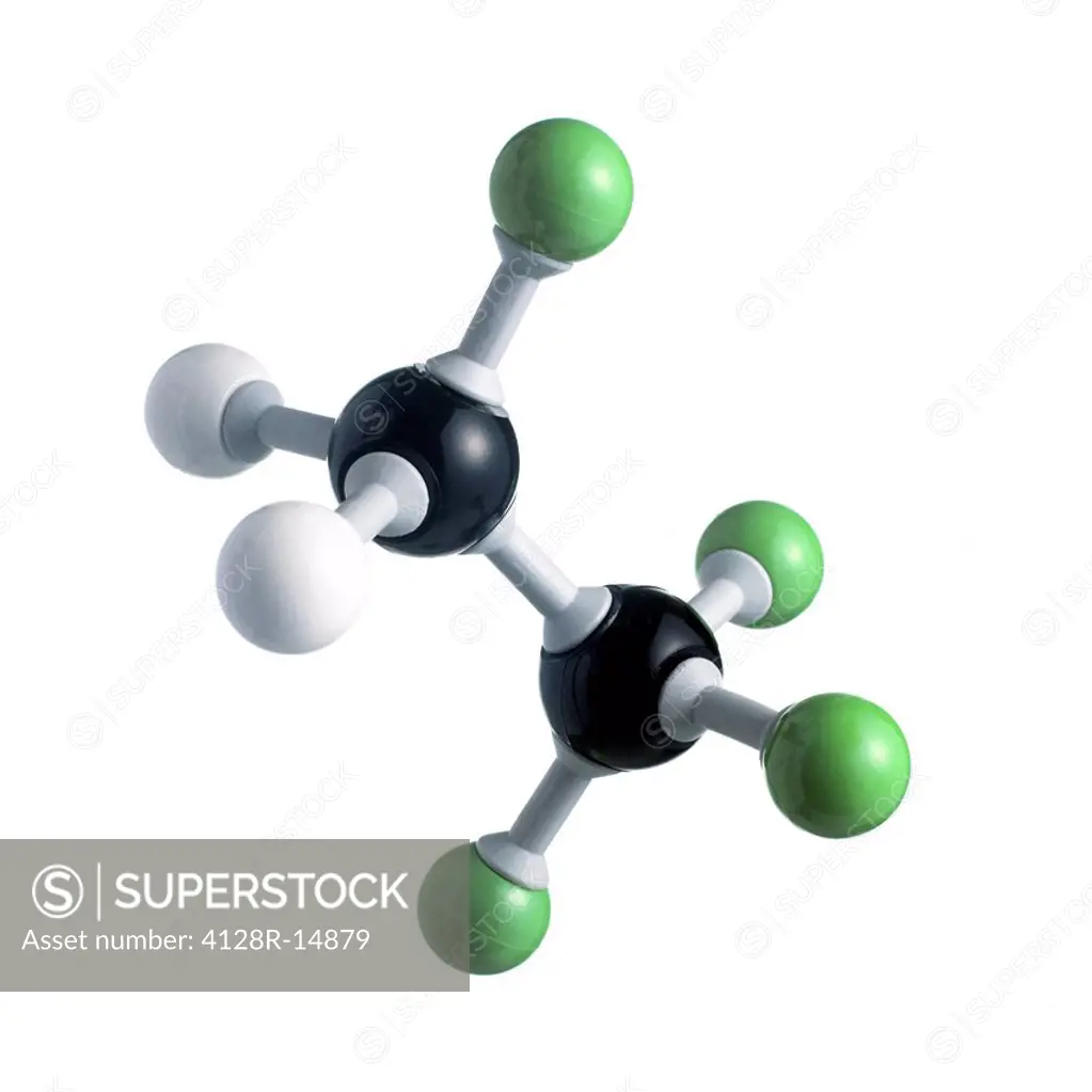 Tetrafluoroethane molecule. Atoms are represented as spheres and are colour_coded: carbon black, hydrogen white and fluorine green.