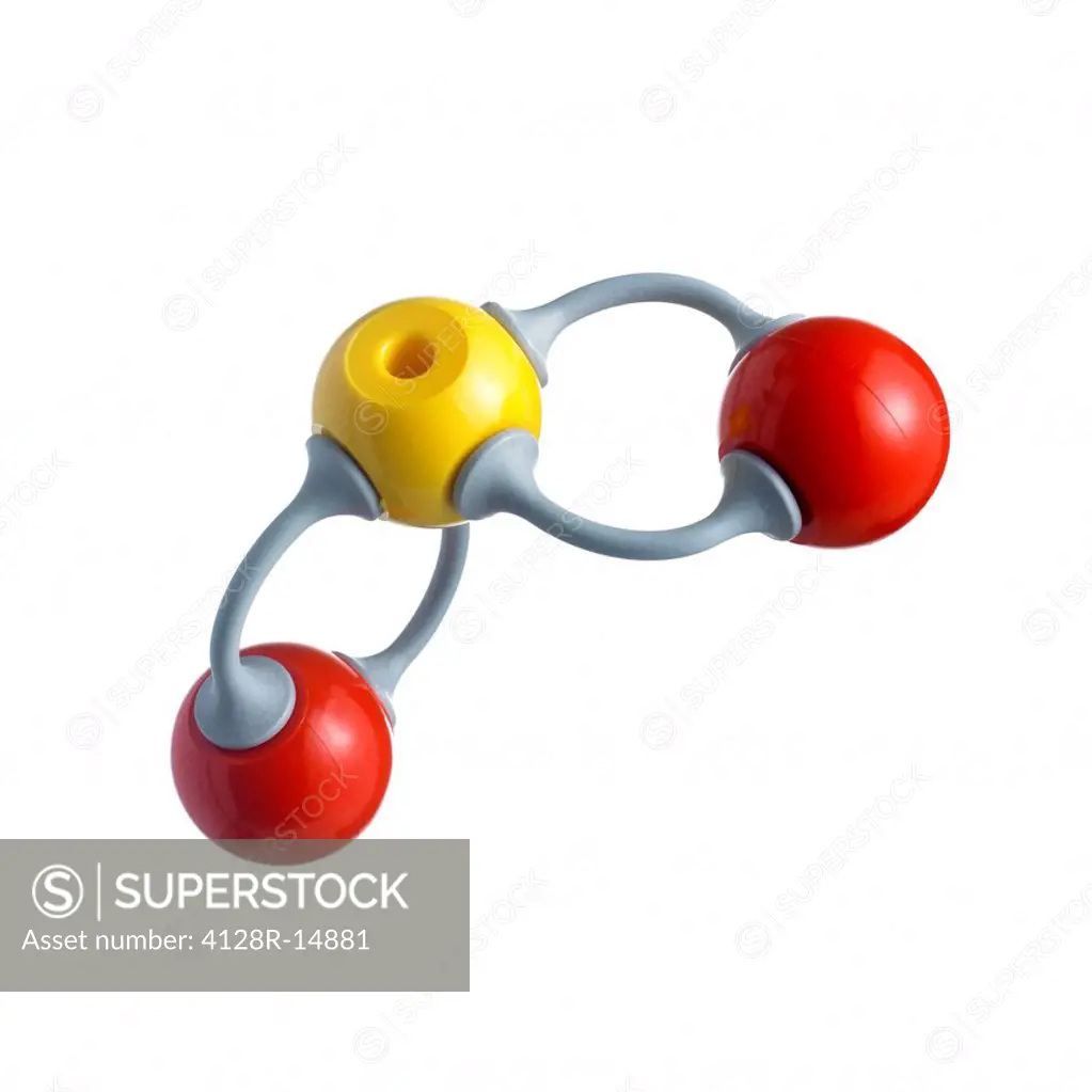 Sulphur dioxide molecule. Atoms are represented as spheres and are colour_coded: sulphur yellow and oxygen red.