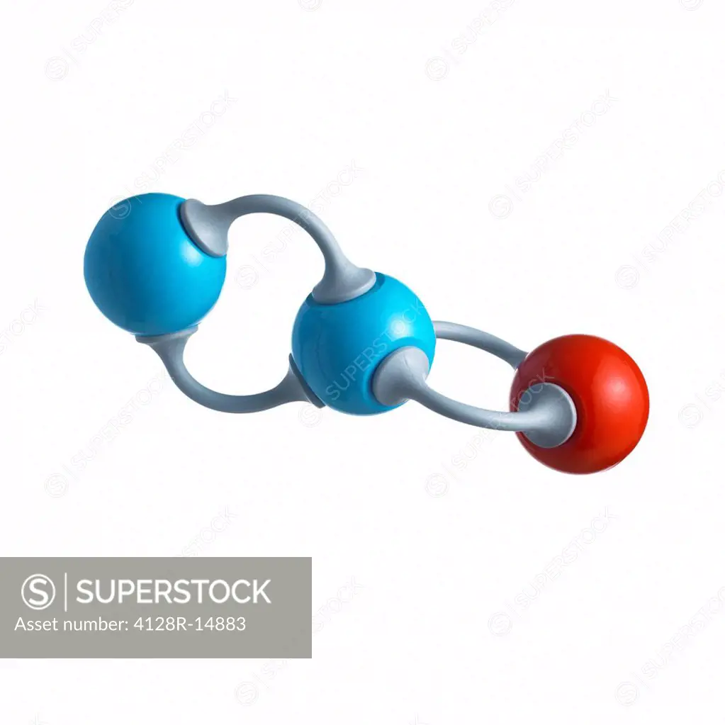 Nitrous oxide molecule. Atoms are represented as spheres and are colour_coded: nitrogen blue and oxygen red.