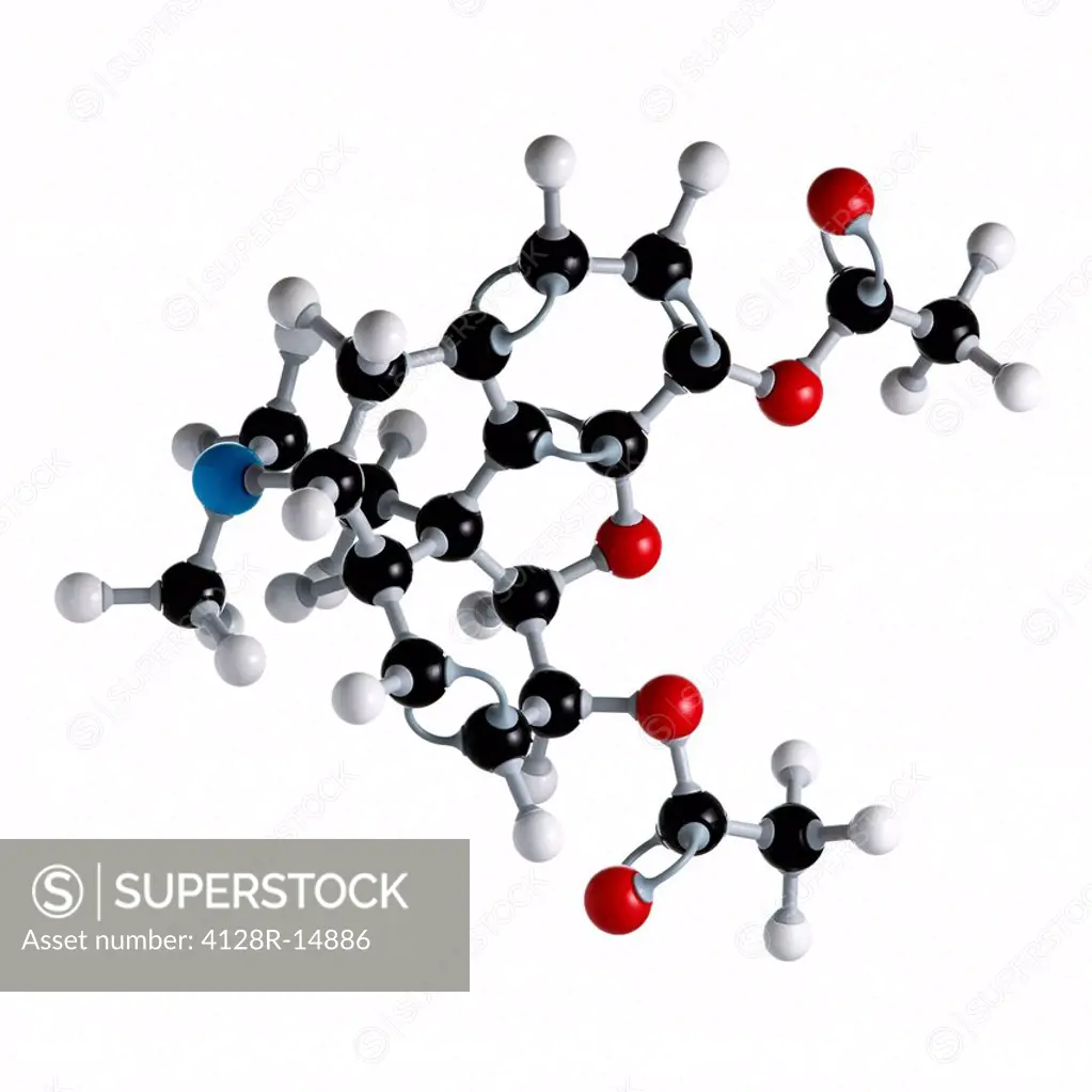 Heroin drug molecule. Atoms are represented as spheres and are colour_coded: carbon black, hydrogen white, nitrogen blue and oxygen red.