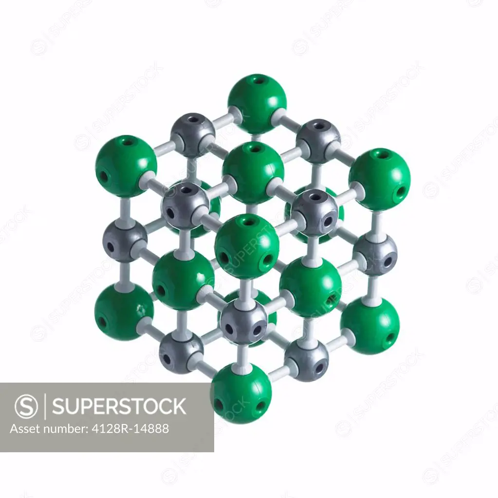 Sodium chloride lattice. Atoms are represented as spheres and are colour_coded: sodium silver and chlorine green.