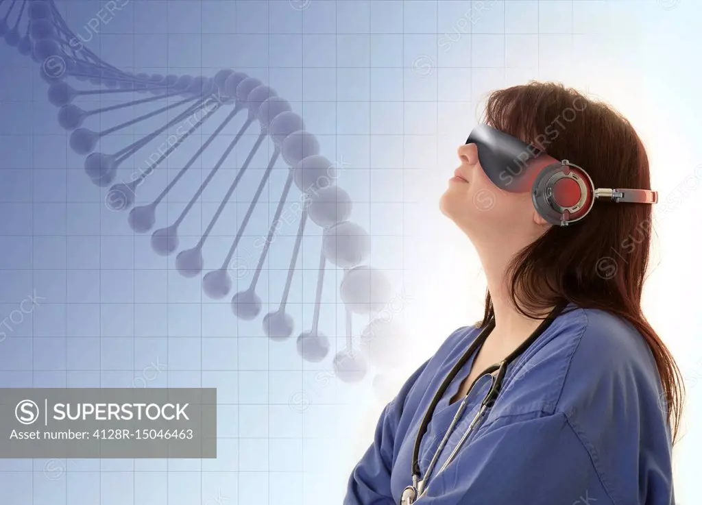 Doctor wearing VR headset and examining DNA