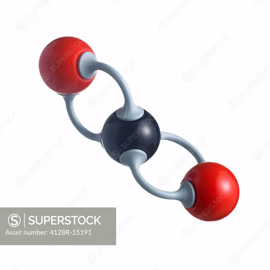 Carbon dioxide molecule. Atoms are represented as spheres and are colour_coded: carbon black and oxygen red.