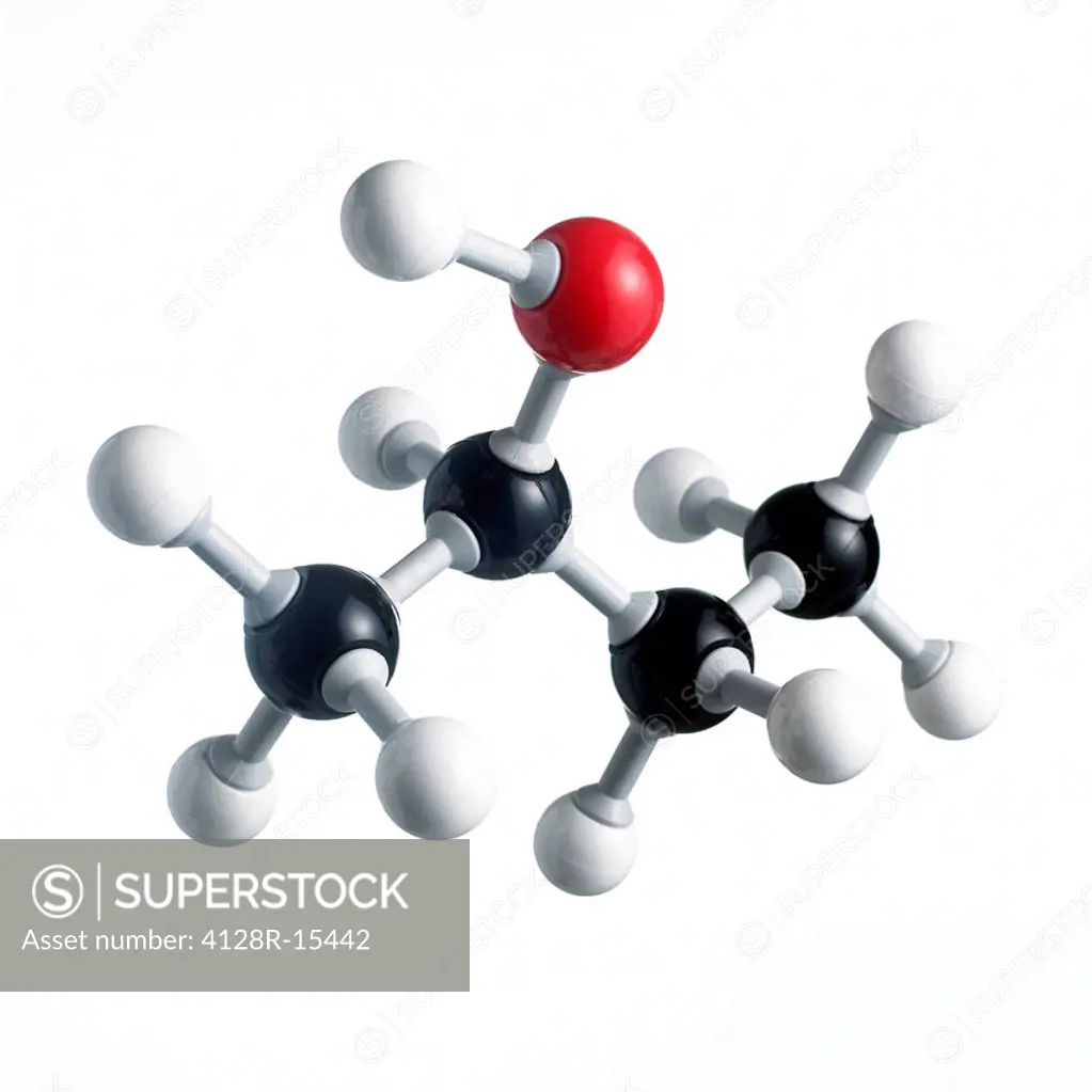 Sec_butanol molecule. Atoms are represented as spheres and are colour_coded: carbon black, hydrogen white and oxygen red.