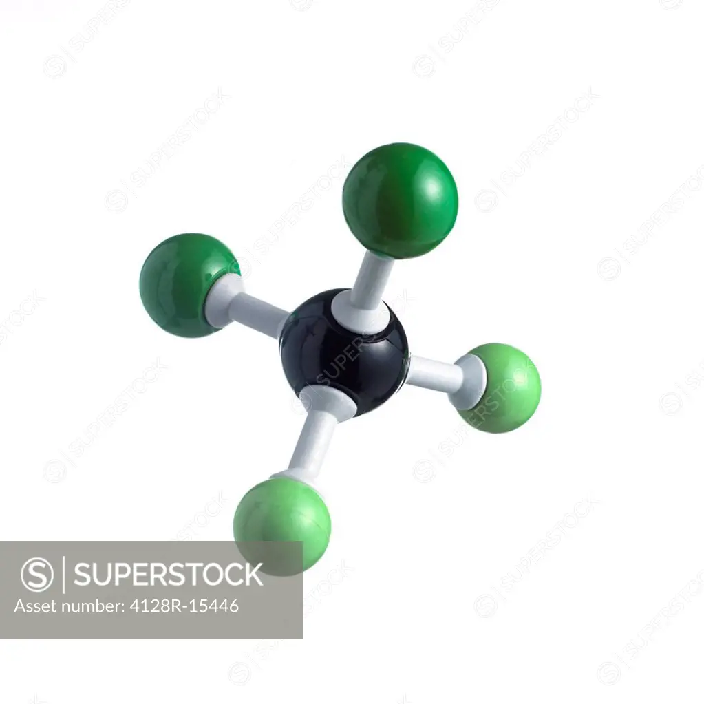 CFC molecule. Model of a molecule of dichlorodifluoromethane, also known as Freon_12. Atoms are represented as spheres and are colour_coded: carbon bl...