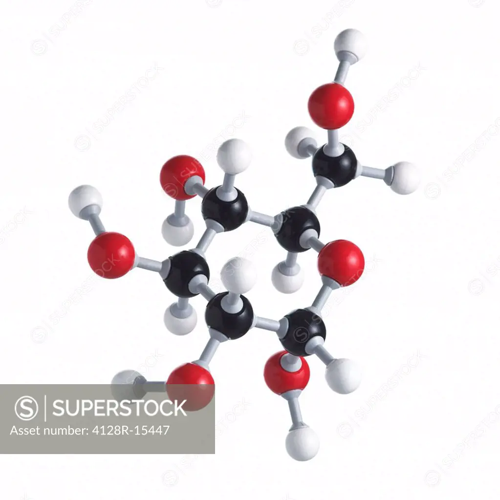 Glucose sugar molecule. This is the ring structure. Atoms are represented as spheres and are colour_coded: carbon black, hydrogen white and oxygen red...