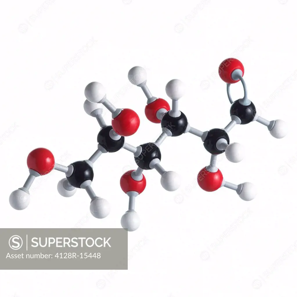 Glucose sugar molecule. This is the open structure. Atoms are represented as spheres and are colour_coded: carbon black, hydrogen white and oxygen red...