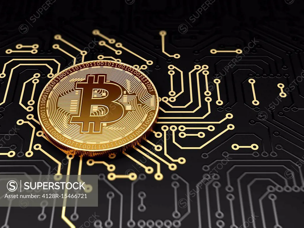 Golden bitcoin on circuit board, illustration