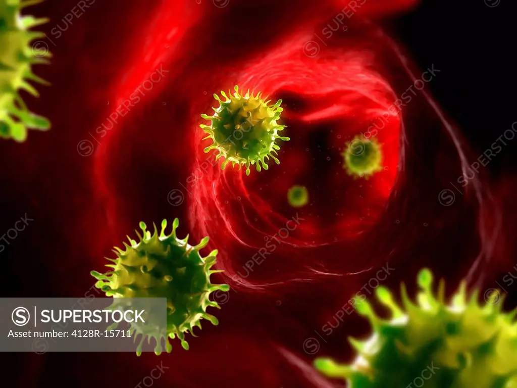 Viral infection, conceptual computer artwork. Virus particles in the blood stream.