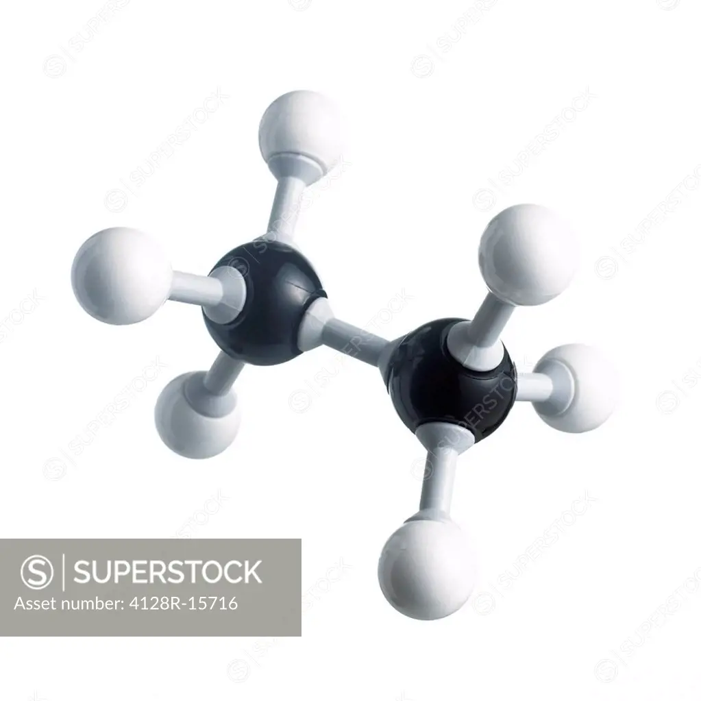 Ethane molecule. Atoms are represented as spheres and are colour_coded: carbon black and hydrogen white.