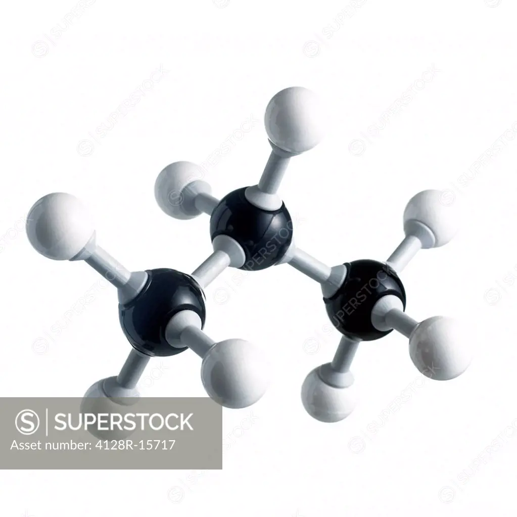 Propane molecule. Atoms are represented as spheres and are colour_coded: carbon black and hydrogen white.