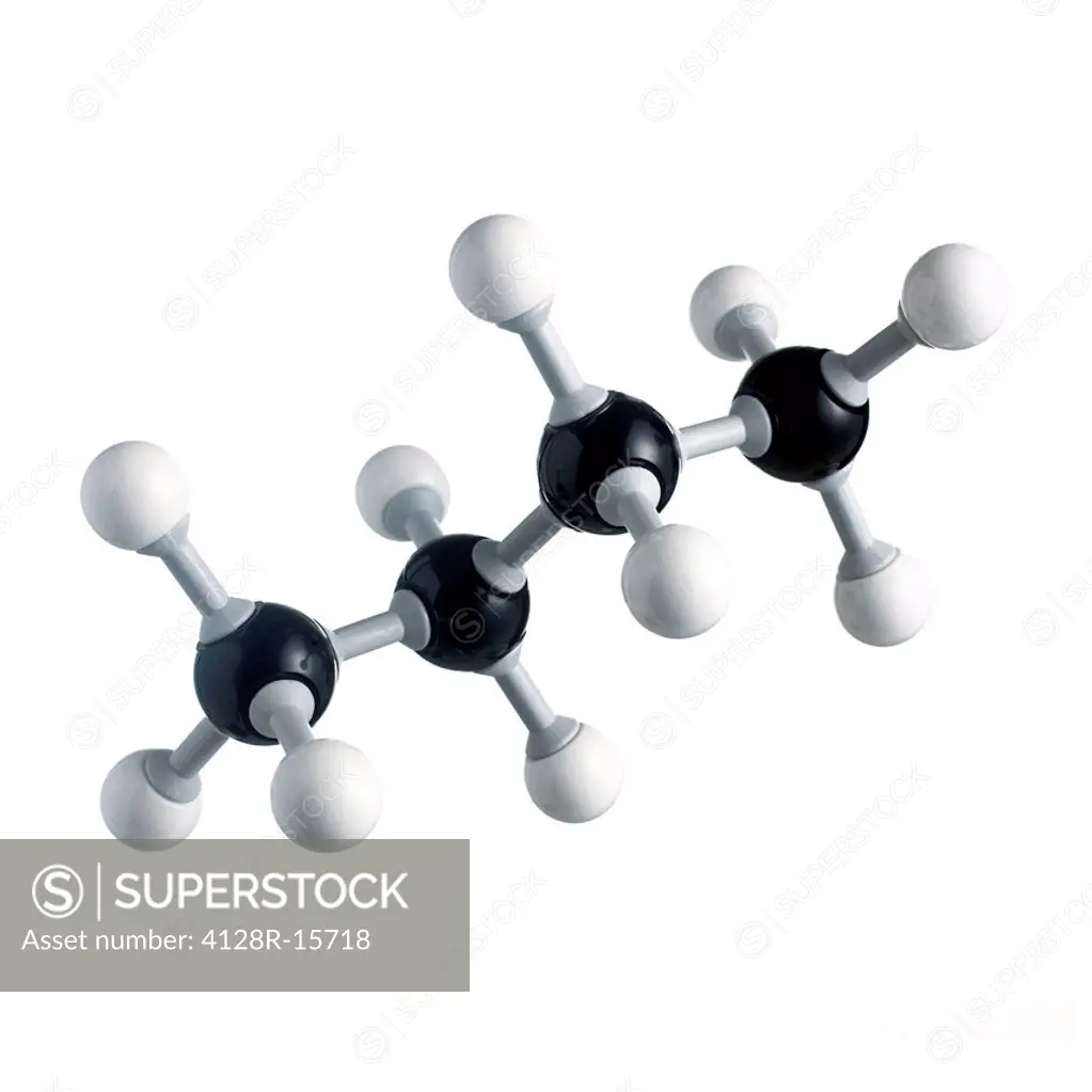 Butane molecule. Atoms are represented as spheres and are colour_coded: carbon black and hydrogen white.