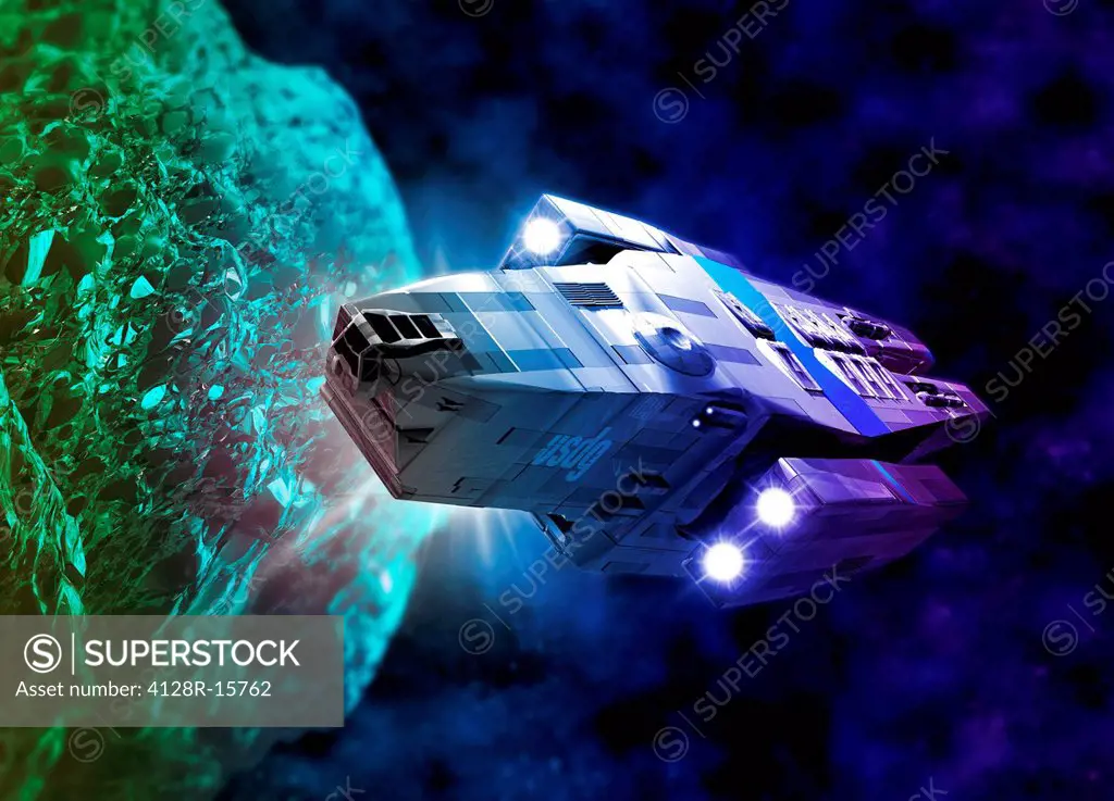 Space exploration. Computer artwork of a mining spacecraft inspecting an asteroid for mineral deposits.
