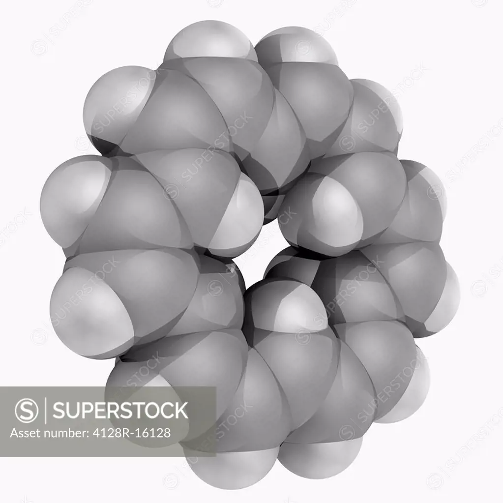 18_annulene, molecular model. Aromatic completely conjugated monocyclic hydrocarbon, cyclooctadecanonaene. Atoms are represented as spheres and are co...