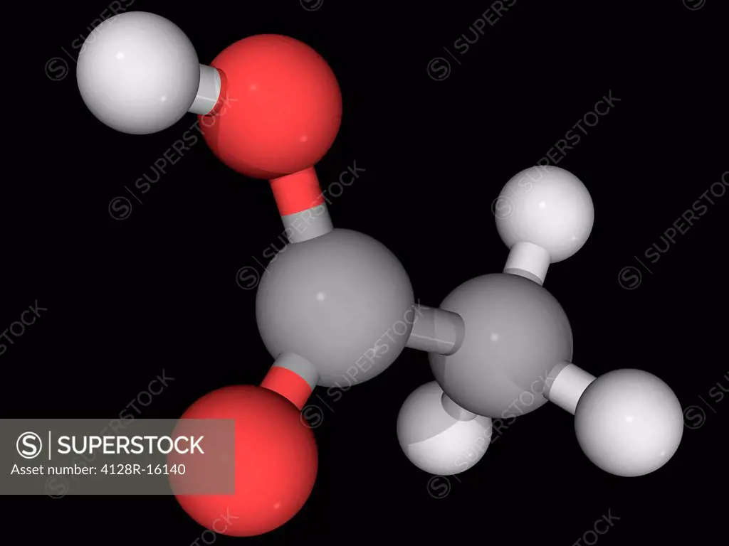 Acetic acid, molecular model. Also called ethanoic acid. Main component of vinegar. Atoms are represented as spheres and are colour_coded: carbon grey...