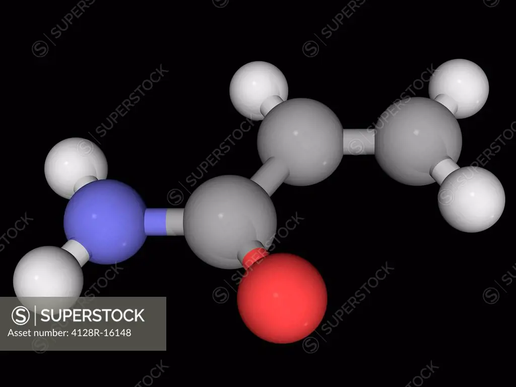 Acrylamide, molecular model. Chemical compound used to synthesize polyacrylamides. Possible carcinogen occurring in starchy foods. Atoms are represent...
